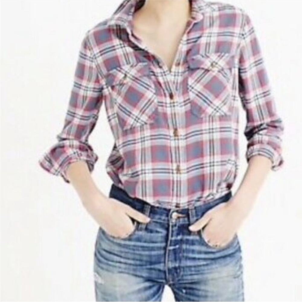 J Crew Boyfriend Plaid Flannel Shirt B6172 Button Front Sz 2 Casual Long Sleeve